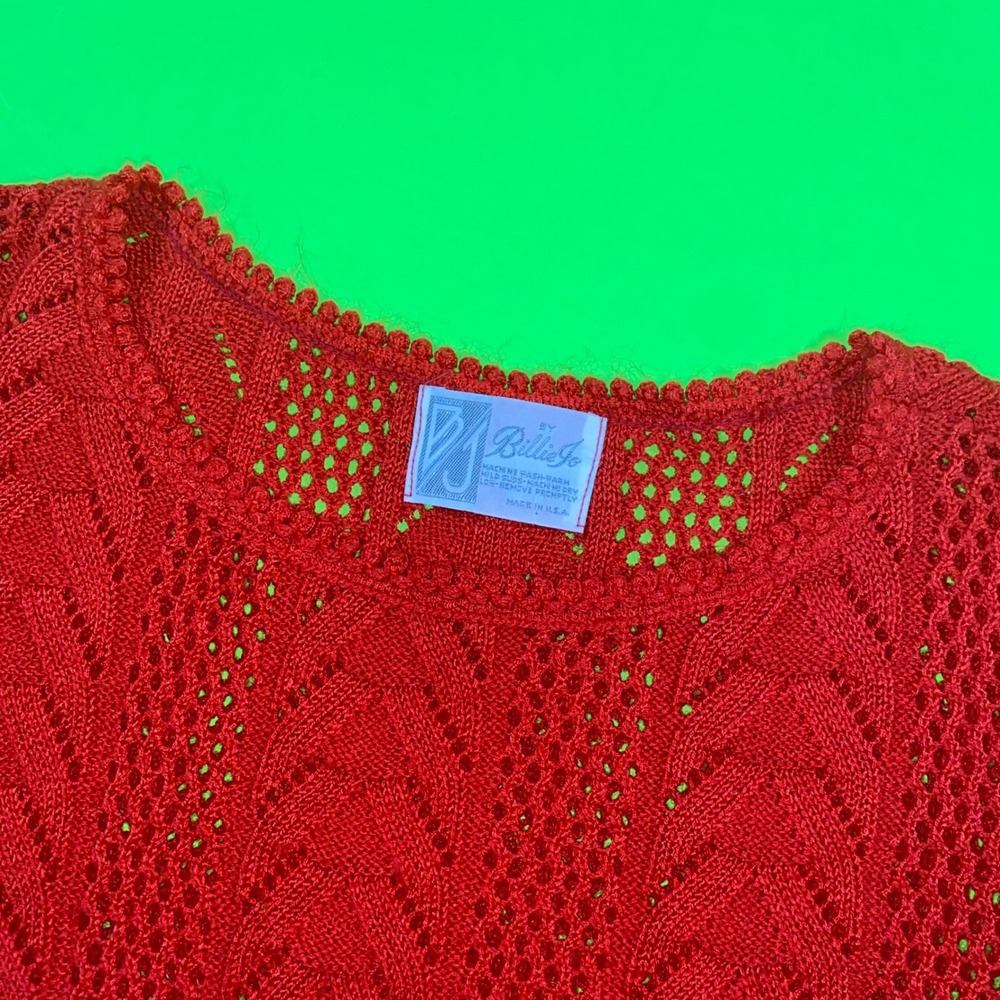 Billie‎ Jo Vintage Red Short Sleeve Cable Pointelle Knit Sweater Made in USA